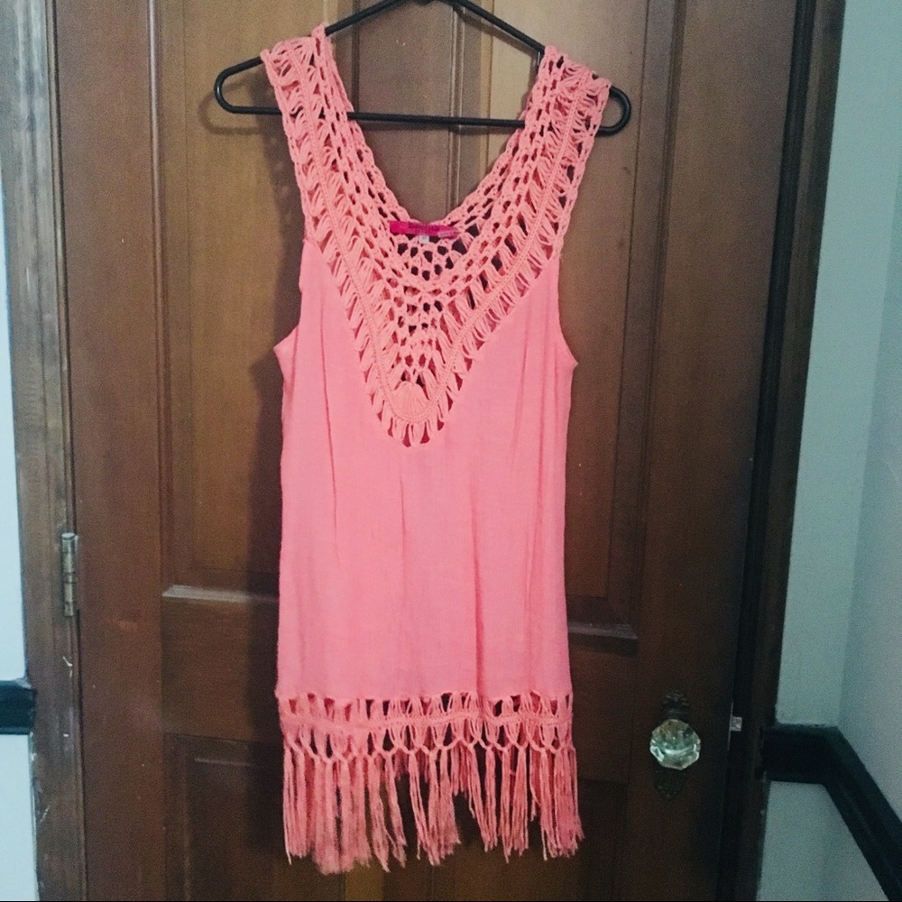 SALMON COLOR CROCHET LONG SLEEVLESS TOP